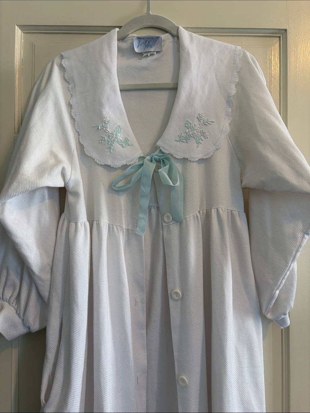 Vintage L&T Dressing Gown with Pale Blue Bow and Embroidered Collar